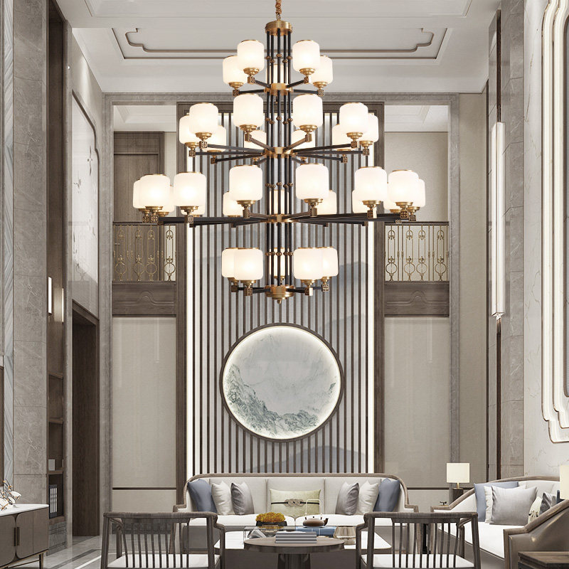 Duplex building villas big chandelights New Chinese all-copper Living room Lights modern building hollow pick up empty three layers of copper lamps