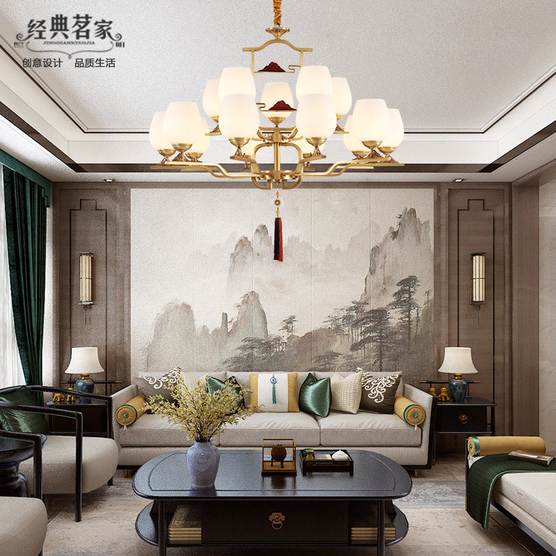 Landscape meditation New Chinese all-copper pendant lamp modern living room lamp 2021 new Chinese style dining hall lamp pure copper lamp