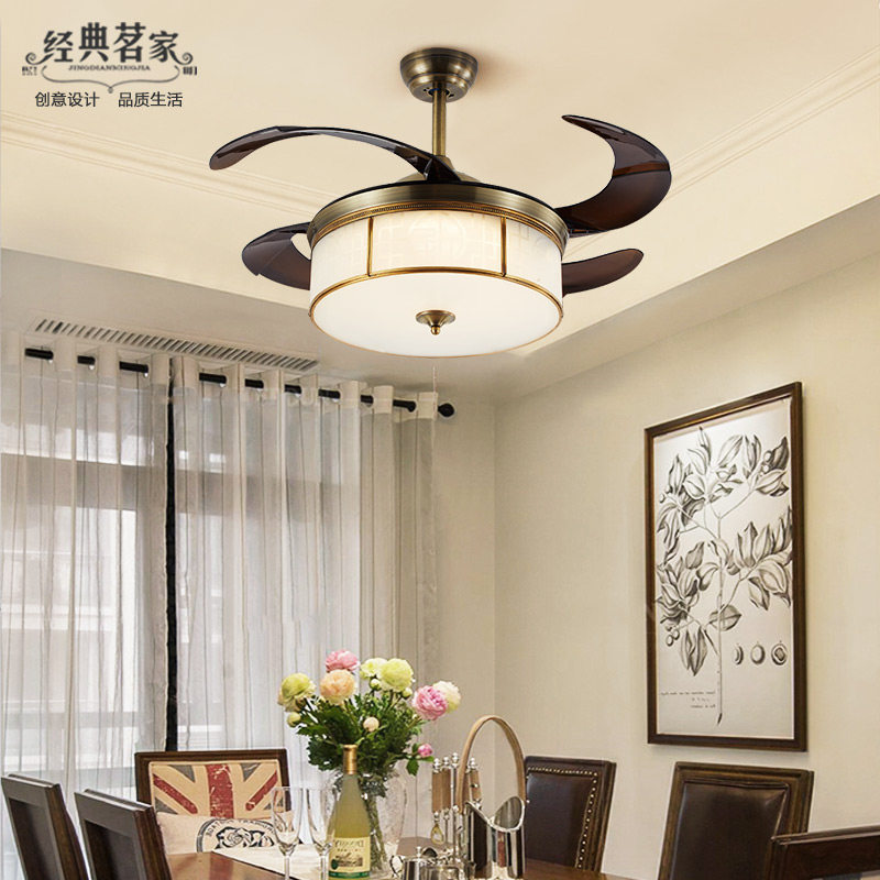Total copper New Chinese style fan pendant lamp invisible telescopic ceiling fan lamp modern minimalist dining room Bedroom remote control ceiling fan lamp