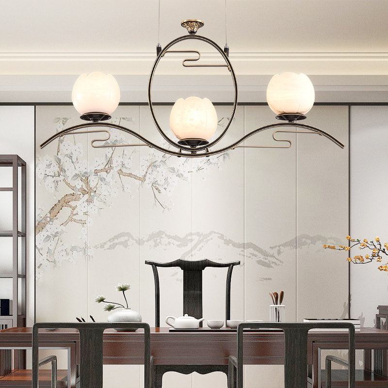 Zen-style new Chinese three-head chandelier all-copper dining room modern Chinese style dining table lamp study lamp tea room marble lamp