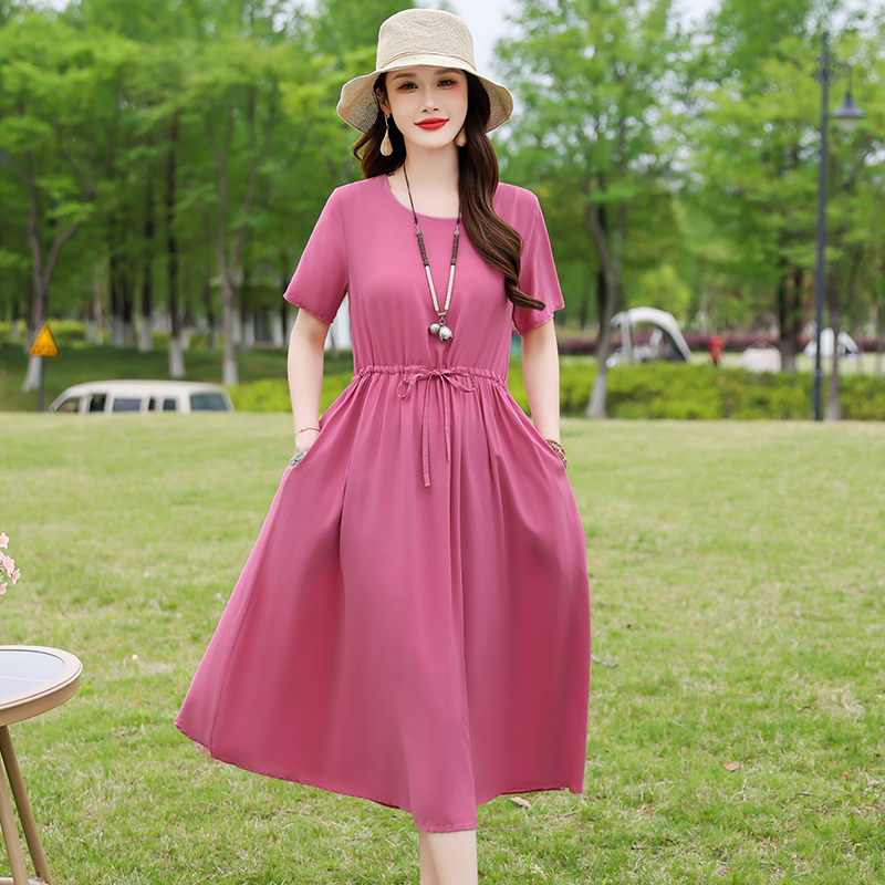 2026 New Solid Color Cotton Dress for Women, Summer Elegant High-End Waist-Cinching Slimming Petite Rayon Dress