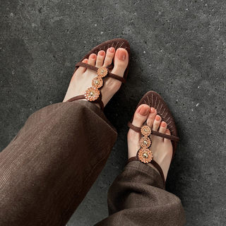 2.5cm Genuine Leather Pointed Toe Open-Toe Stiletto Flip-Flops Retro French Casual Suede Cat Heel Sandals for Women