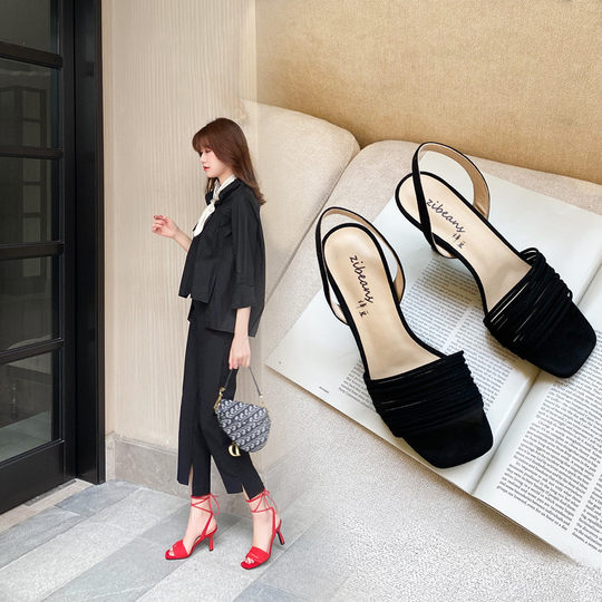 2025 New Model Zidou LAOSHU French-Style Stiletto Black High-Heeled Thin Strap Sandals Internet Celebrity Style Kitten Heel Open-Toe Sandals for Women