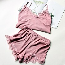 Lace lace vest home suit vertical strip comfortable cotton stretch high thread two-piece vest shorts good night pajamas