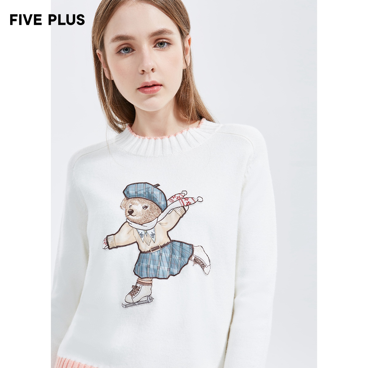 FIVE PLUS women's spring embroidered sweater women's loose pullover round neck top long sleeve cartoon