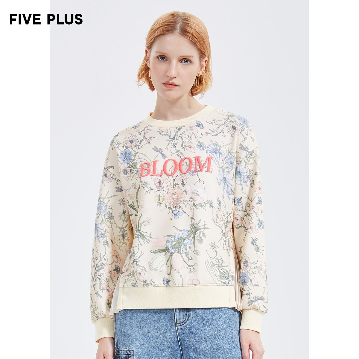 FIVE PLUS women's spring printed thick cotton T women's loose embroidery long sleeve pullover letter crew neck
