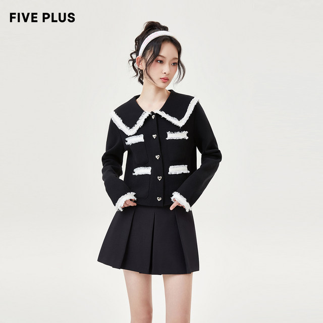 FIVEPLUS sweater doll ຂອງແມ່ຍິງ collar ອາຍຸການຫຼຸດຜ່ອນອາຍຸ cardigan ແຂນຍາວ temperament ກົງກັນຂ້າມສີຂອບວັດຖຸດິບເຄື່ອງນຸ່ງພາກຮຽນ spring ຂອງແມ່ຍິງ