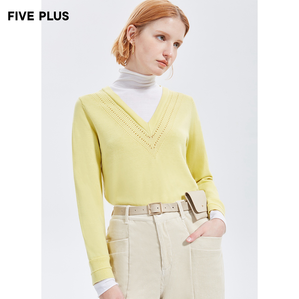 FIVE PLUS women's spring 100% wool sweater women's pullover base sweater high neck stitching long sleeves