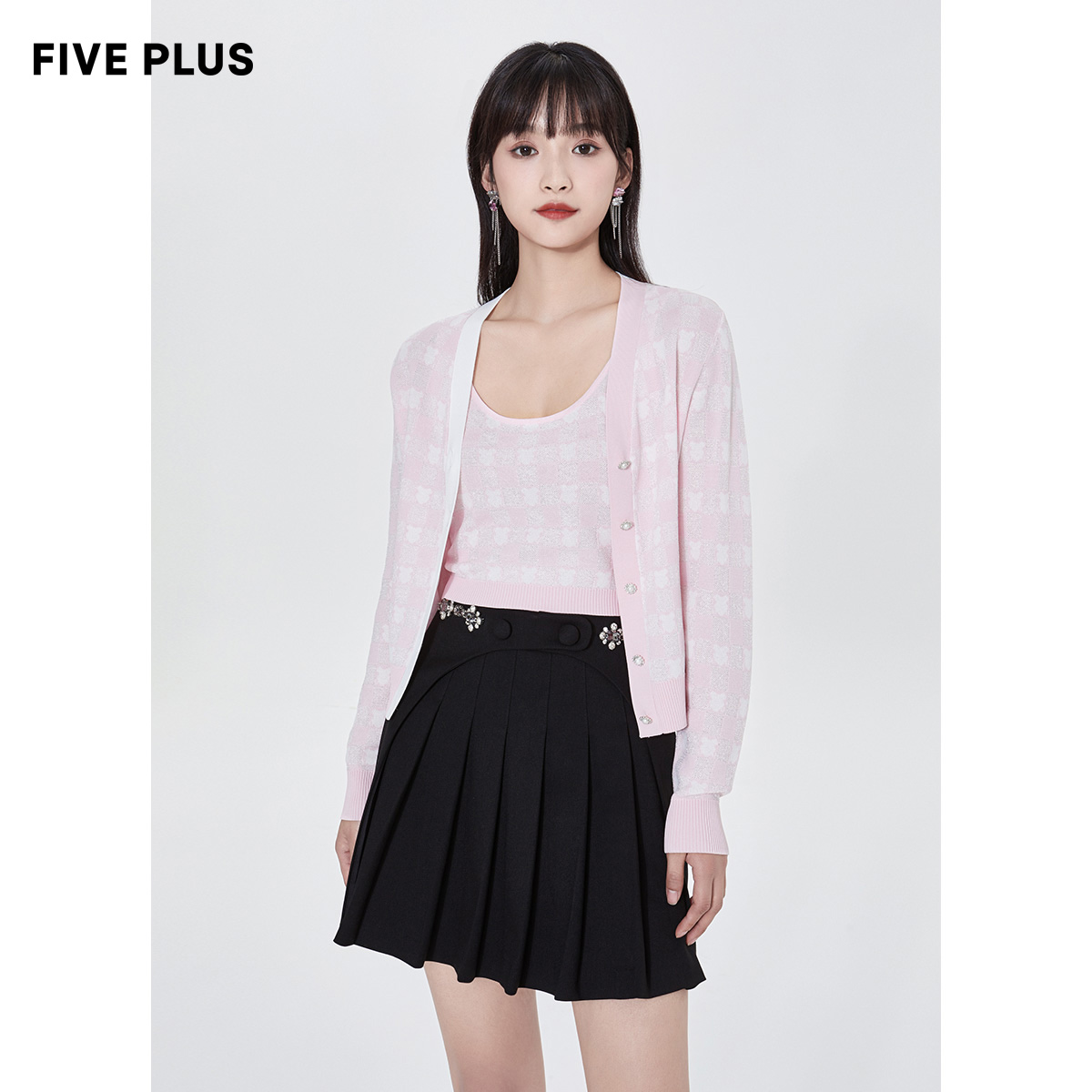 FIVE PLUS2022 new women's spring dress temperament V collar plaid knit cardio-hoodie with two sets of vest blouses