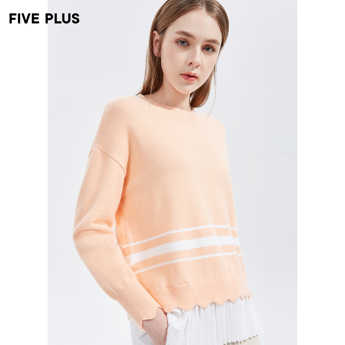 FIVE PLUS women's spring striped sweater women's loose long-sleeved pullover tide pleated stitching