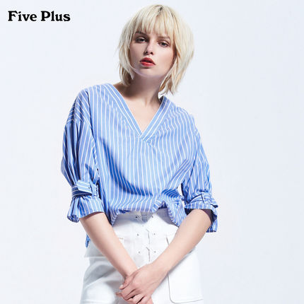 Five Plus2018新品女夏装条纹衬衫女中袖宽松
