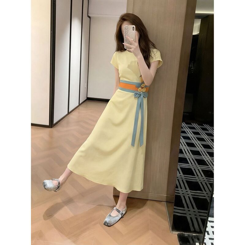 2026 French-Style Dress for Women, Summer Floral Lace-Up Decorative Long Dress, Popular Slimming Cheese Yellow Mid-Length Dress