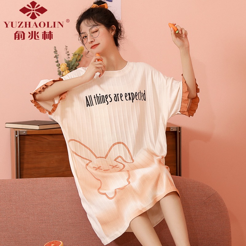 Yu one trillion Lin Pure Cotton Sleeping Skirt Woman Summer Student Home Dress Cute And Thin Short Sleeve Loose Pregnant Woman Sleepwear Spring Fall