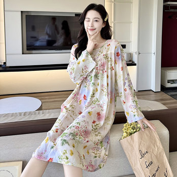 Nightgown for women summer cotton silk 2026 new sweet casual cotton silk artificial pajamas for women long-sleeved home clothes