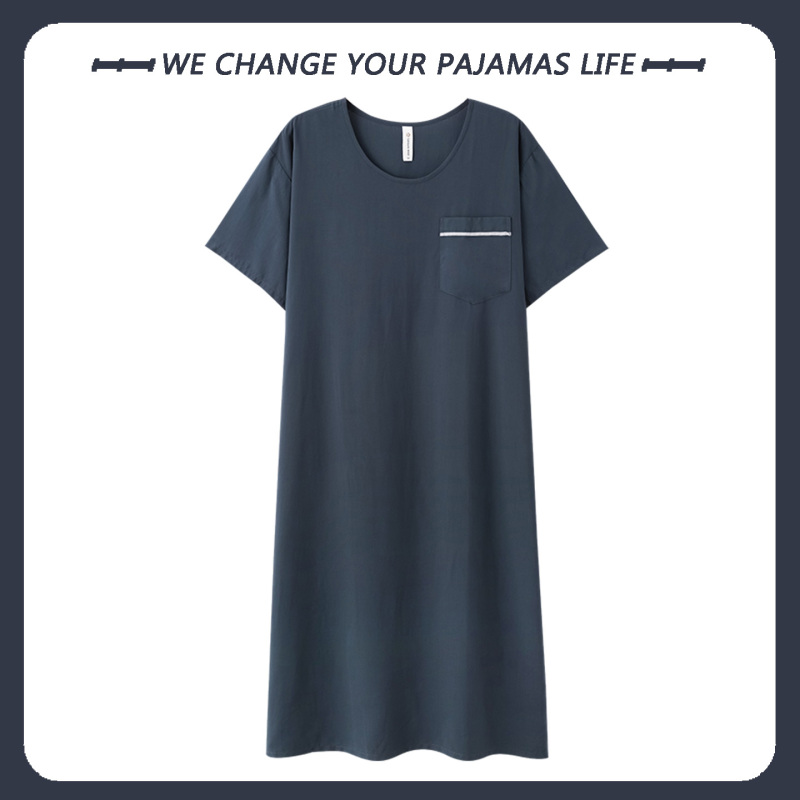 Summer Pajamas Short-Sleeved Men's Cotton Silk Rayon Thin Long Nightgown Bathrobe Loose Casual Home Wear Summer