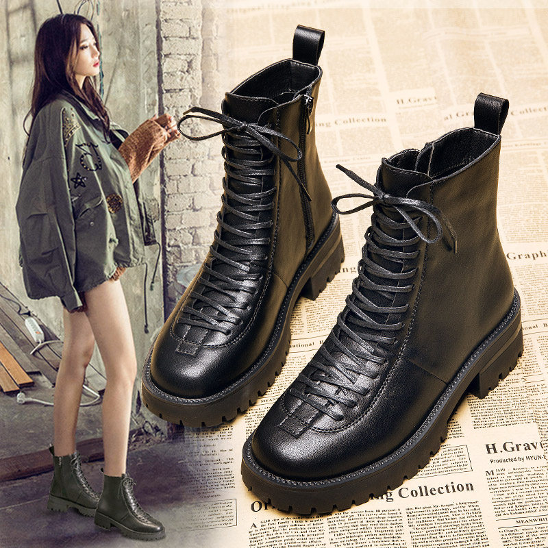 South Korean genuine leather Martin boots female Inn Wind 2022 fall 100 lap short boot thick bottom slim boots with heightening women's shoes winter