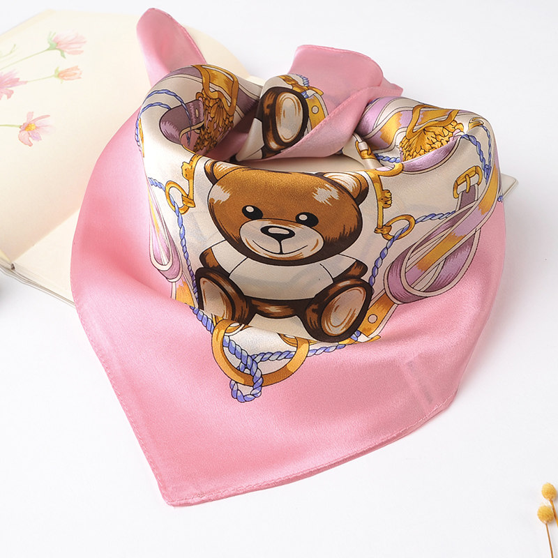 Children's Silk Bear Scarf Girls Mulberry Silk Small Square Scarf Baby Autumn and Winter Warm Silk Scarf Boys Infants