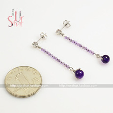 Серьги 纯银小耳坠 天然高品质紫水晶小吊珠耳钉 镶钻耳环小巧精致不过敏