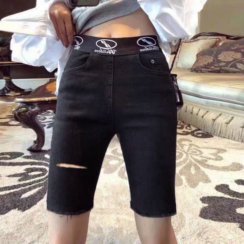 Plus-Size Elastic Waist Five-Point Shorts for Women, Summer Thin Style, Stretchy High-Waisted Slimming Mid-Length Shorts, Ripped Denim Shorts