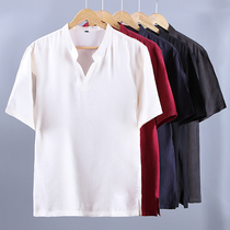 Summer thin mens copper ammonia silk short sleeve pullover T-shirt silk half sleeve T-shirt plus large size loose V stand collar