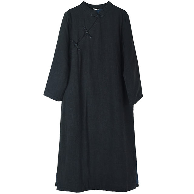 Chinese-style button-down long cotton coat, artistic thickened dress, retro slanted lapel padded robe, cotton and linen large size cotton-padded jacket