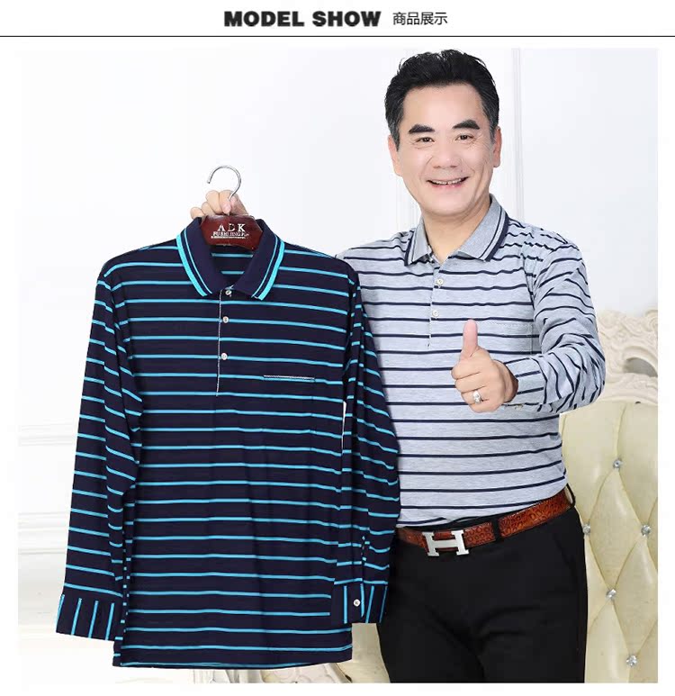 Mùa hè và mùa thu nam trung niên áo thun dài tay cotton mỏng ve áo trung niên cha cha quần áo nam quần áo nam áo thun cotton
