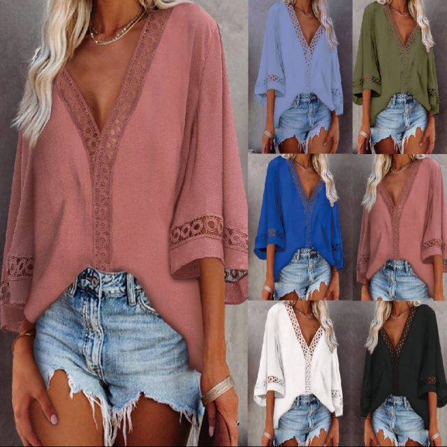 Summer  New V-neck Hollow Lace Shirt in Shirts & Blouses
