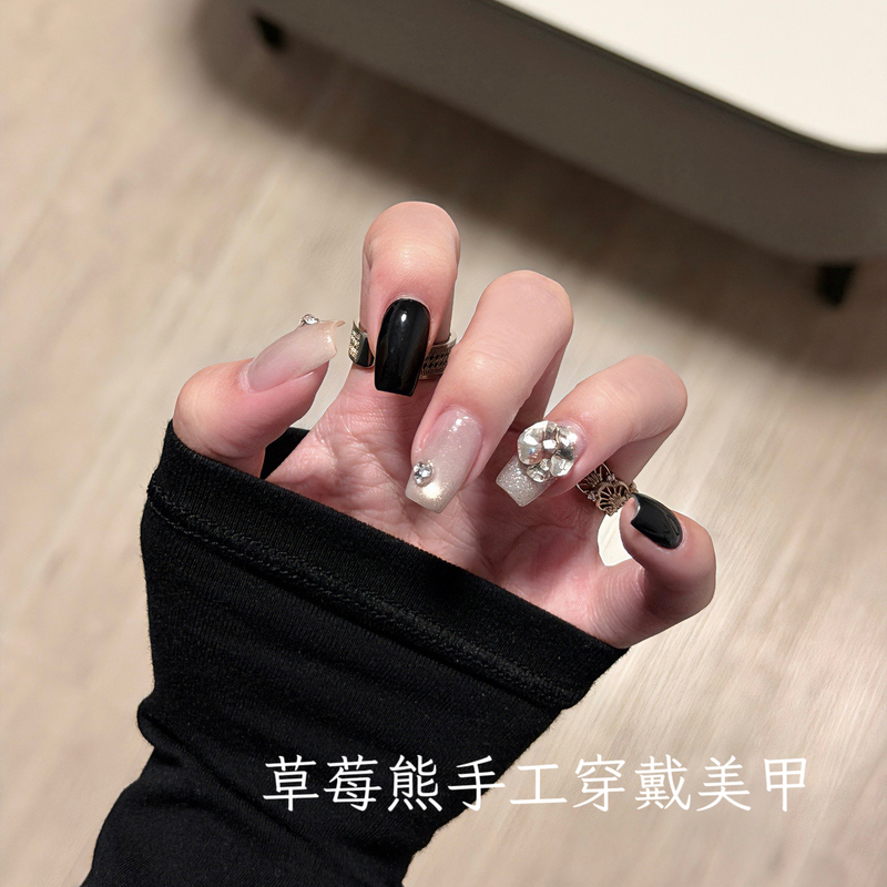 2026 New Model Black Sparkling Diamond Ball Short Style High-End Autumn and Winter Skin-Brightening Handmade Nail Stickers Cat Eye Wearable Nail Art