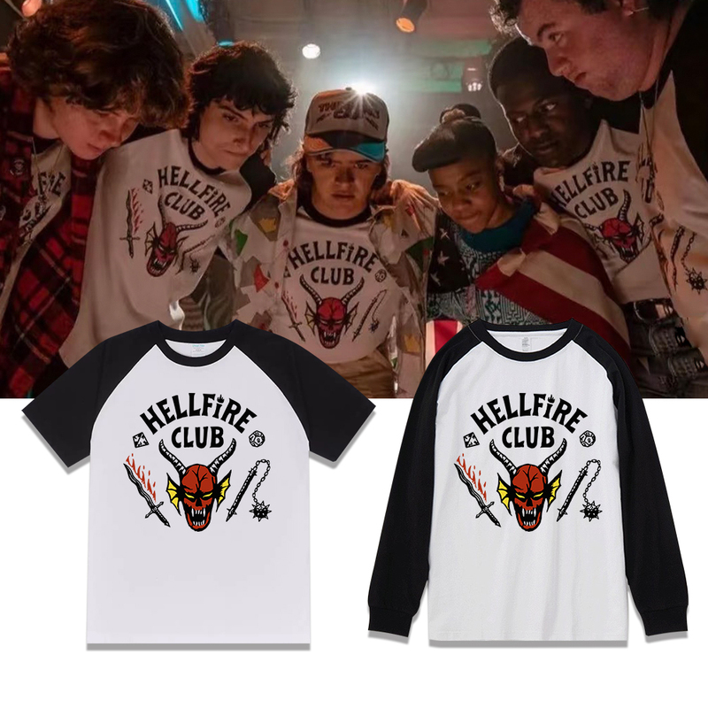 Stranger Things Hellfire Club Style Long-Sleeve T-Shirt for Men and Women, Black and White Raglan Sleeves, 250g Heavyweight Short-Sleeve Trendy