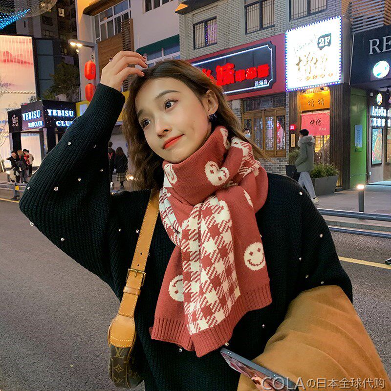 Japanese GP smiling plaid scarf female winter Korean version all-match cute knitted wool student scarf to keep warm