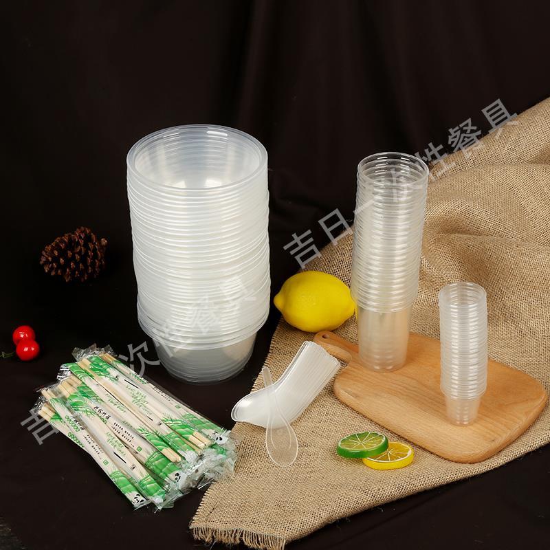 Disposable bowl Plastic round soup bowl without lid Environmental protection household banquet outdoor barbecue thickened bowl chopsticks combination