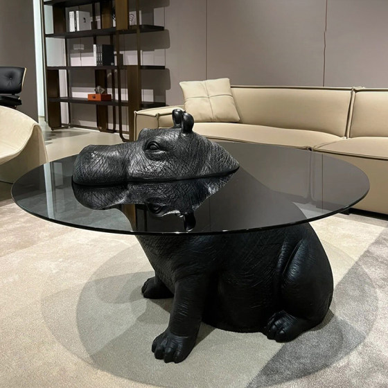 Designer creative coffee table tempered glass small coffee table living room household animal shape simple round hippopotamus coffee table