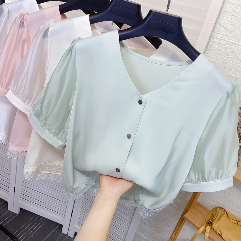 Organza Short-Sleeved V Neck Acetate Satin Chiffon Shirt for Women Summer New Crochet Lace Workwear White Shirt Top