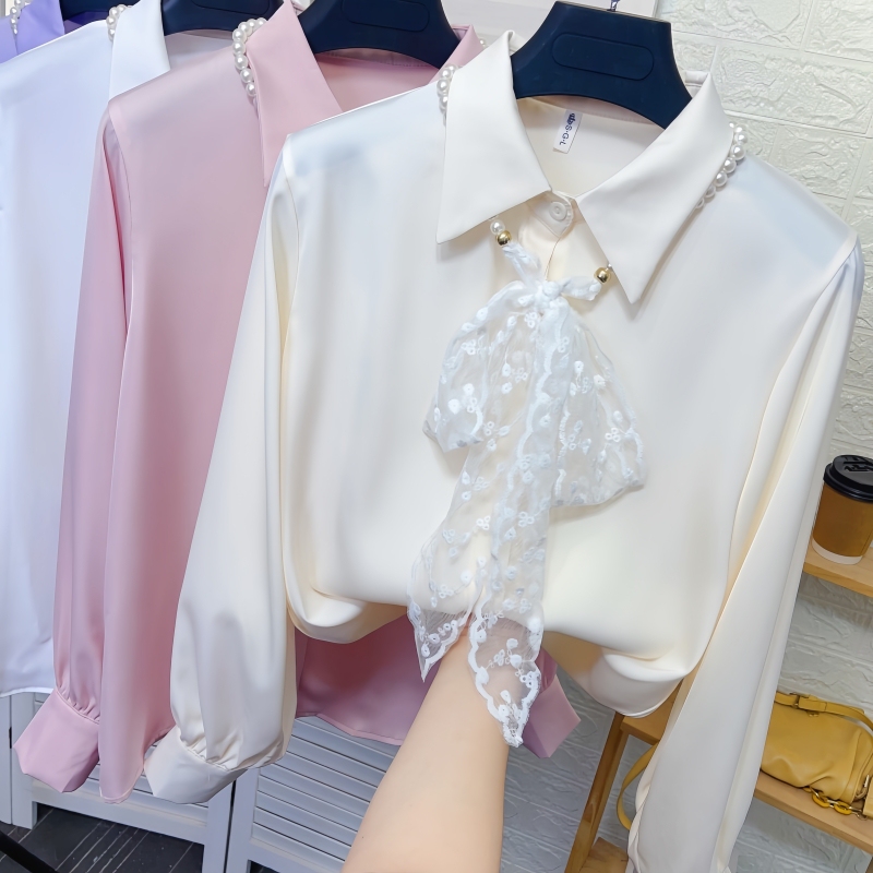 Crochet Lace Bow Acetate Satin Loose Shirt with Feminine Pearl Ribbon Chiffon Blouse Top
