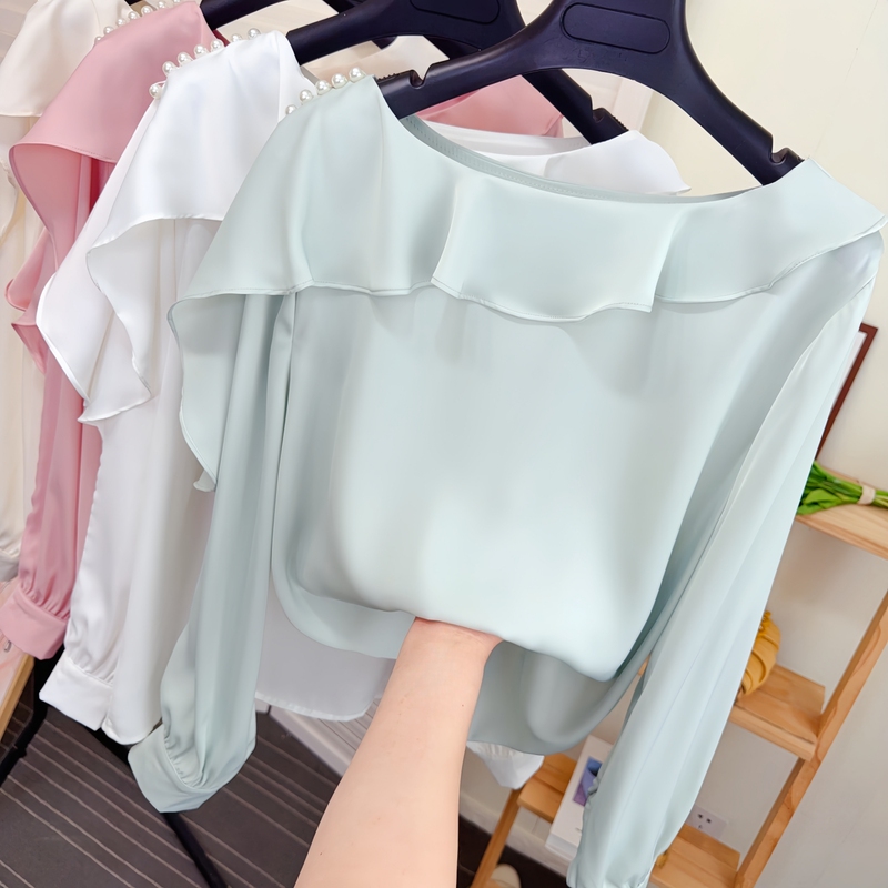 Sweet Ruffled Off-Shoulder Acetate Satin Shirt for Women, New Spring and Autumn Loose Chiffon Base Shirt Top
