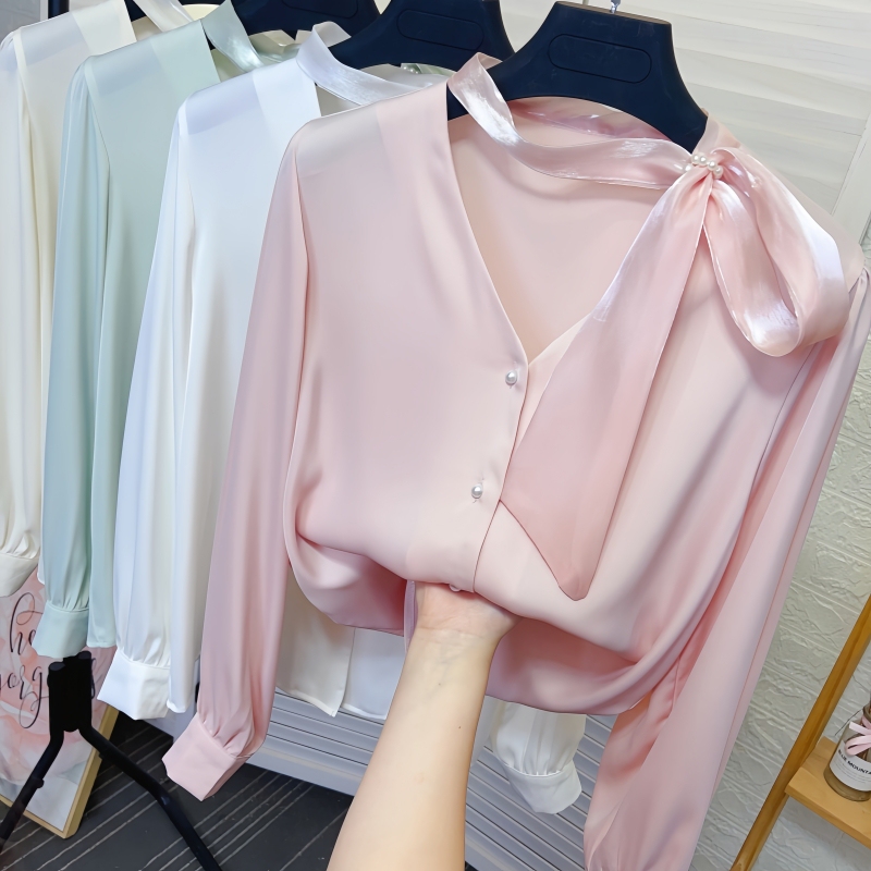 Silk Scarf Bow Hollow V-Neck Acetate Satin Shirt for Women, New Spring and Autumn Style, Versatile and Loose-Fitting Blouse Top