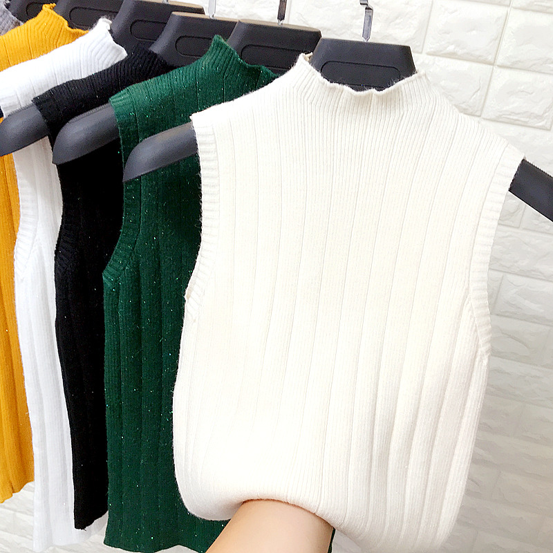 Một nửa cổ áo lụa sáng màu không tay áo len nữ mùa thu mỏng cơ thể bạc sling áo đáy mặc khí chất hàng đầu ao kieu dep