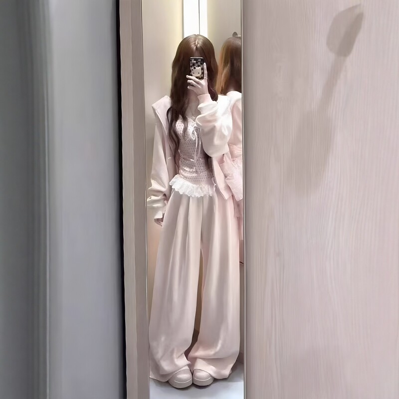 Korean Style Preppy Casual Sports Suit for Women, Autumn and Winter Pink Hooded Cardigan Sweatshirt with Lace Wide-Leg Pants Two-Piece Set Korean Style Preppy Casual Sports Suit for Women, Autumn and Winter Pink Hooded Cardigan Sweatshirt with Lace Wide-Leg Pants Two-Piece Set