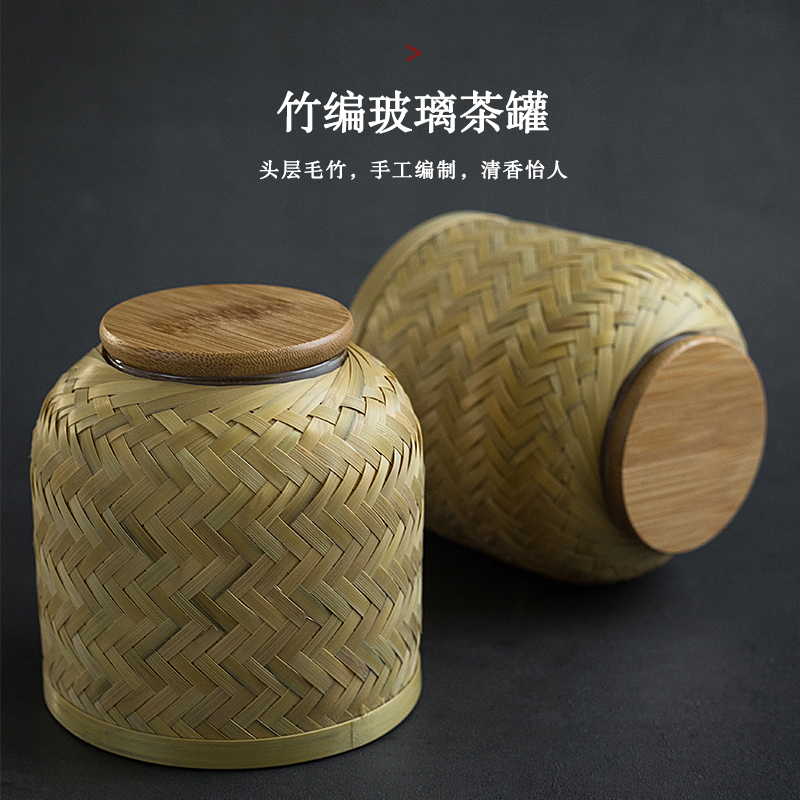 Handmade bamboo woven tea leaf jars glass sealing tank small number portable containing household day style mini-loaded tea pot storage tank