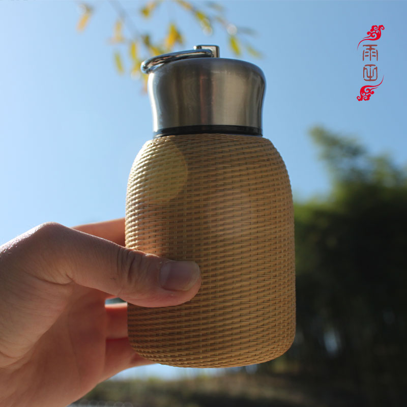 Bamboo wire buckle porcelain tea cup portable stainless steel cup outdoor travel water glass bamboo woven insulated cup accompanying cup