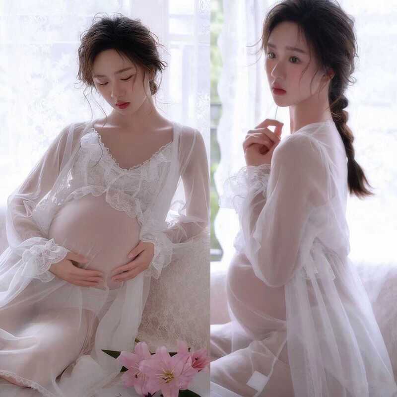 Beautiful Pregnant Women Taking Photos in Sexy Suspender Dresses, Lace Transparent Mesh Lace Maternity Belly Photo Dress, Studio Clothing Beautiful Pregnant Women Taking Photos in Sexy Suspender Dresses, Lace Transparent Mesh Lace Maternity Belly Photo Dress, Studio Clothing
