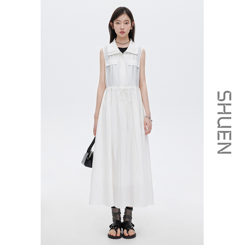 Queen 65 Lyocell High-Neck Half-Zip Utility Pocket Drawstring Waist White Sleeveless Tank Dress