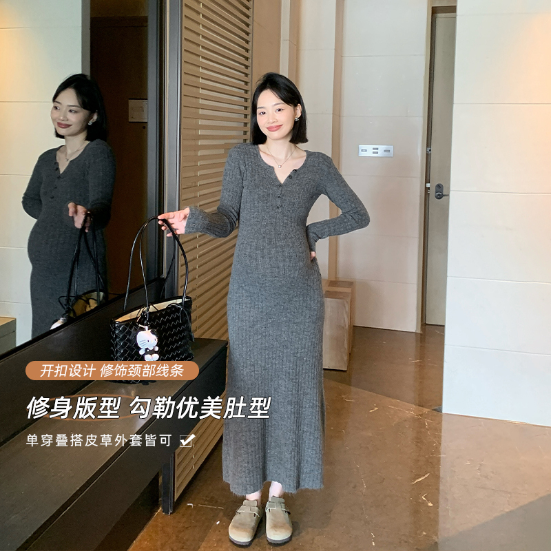 Korean Style High-End Maternity Wear New Elegant Mid-Length Maternity Dress Hepburn Style High-End Long Dress Autumn Maternity Wear