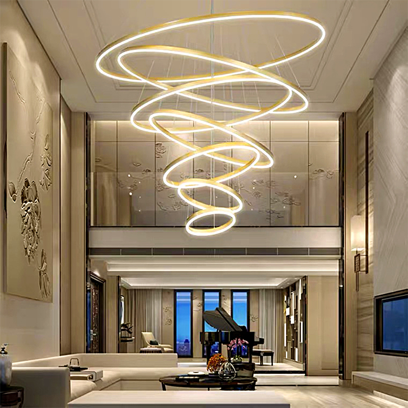 Living Room Chandelier, Modern, Simple and Elegant, Duplex Building Large Chandelier, Staircase Light, Circular Light Luxury, High Ceiling Mid-Floor Chandelier
