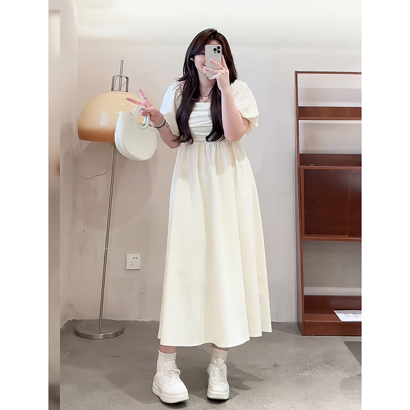Miss Ying's Plus-Size Elegant Waist-Cinching Knee-Length White Dress for Women, Summer, for Chubby Women, Dignified and Elegant White Dress