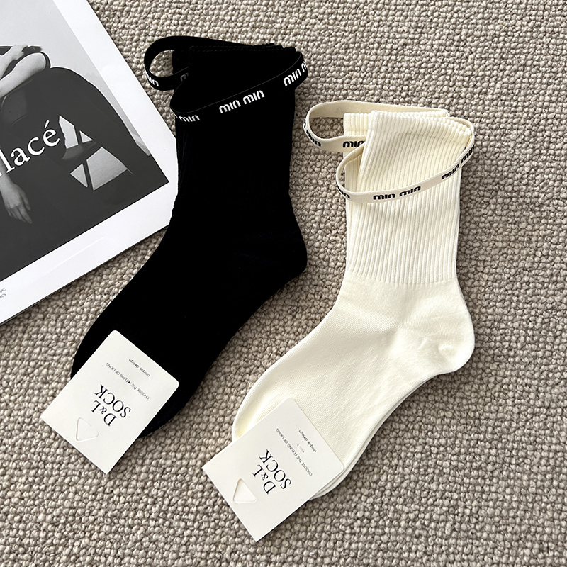 Accessories Socks European Style Light Luxury Elastic Band Women's Socks Spring/Summer Black and White Mid-Calf Cotton Socks Accessories Socks European Style Light Luxury Elastic Band Women's Socks Spring/Summer Black and White Mid-Calf Cotton Socks