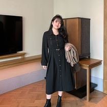 Toe tendons fat mm2021 spring new horse collar buckle dress female waist long-sleeved design sense skirt is thin