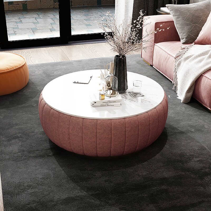 Light luxury tea table round small apartment home rock slab Nordic 2021 new marble wrought iron black creative living room