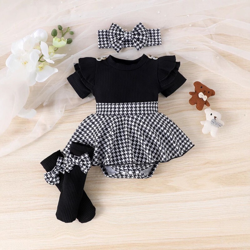 Ins-Style Summer European and American Baby New Chanel-Style Set with Flutter Sleeves, Striped Romper, Short Romper Dress + Headscarf Ins-Style Summer European and American Baby New Chanel-Style Set with Flutter Sleeves, Striped Romper, Short Romper Dress + Headscarf