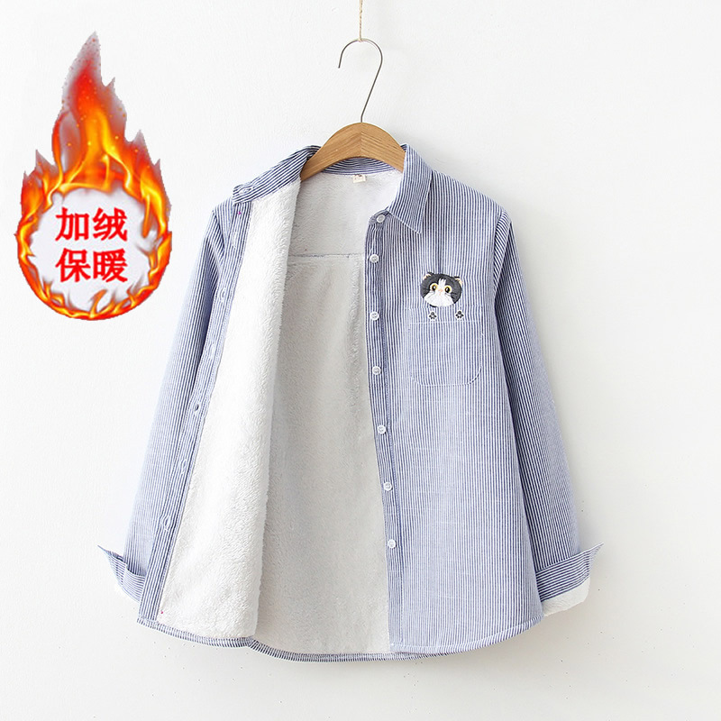 Fleece-Lined Thickened Women's Long-Sleeved Shirt, Autumn and Winter Lamb Wool Striped Warm Shirt for Girls, Junior High School Students, Base Layer Top